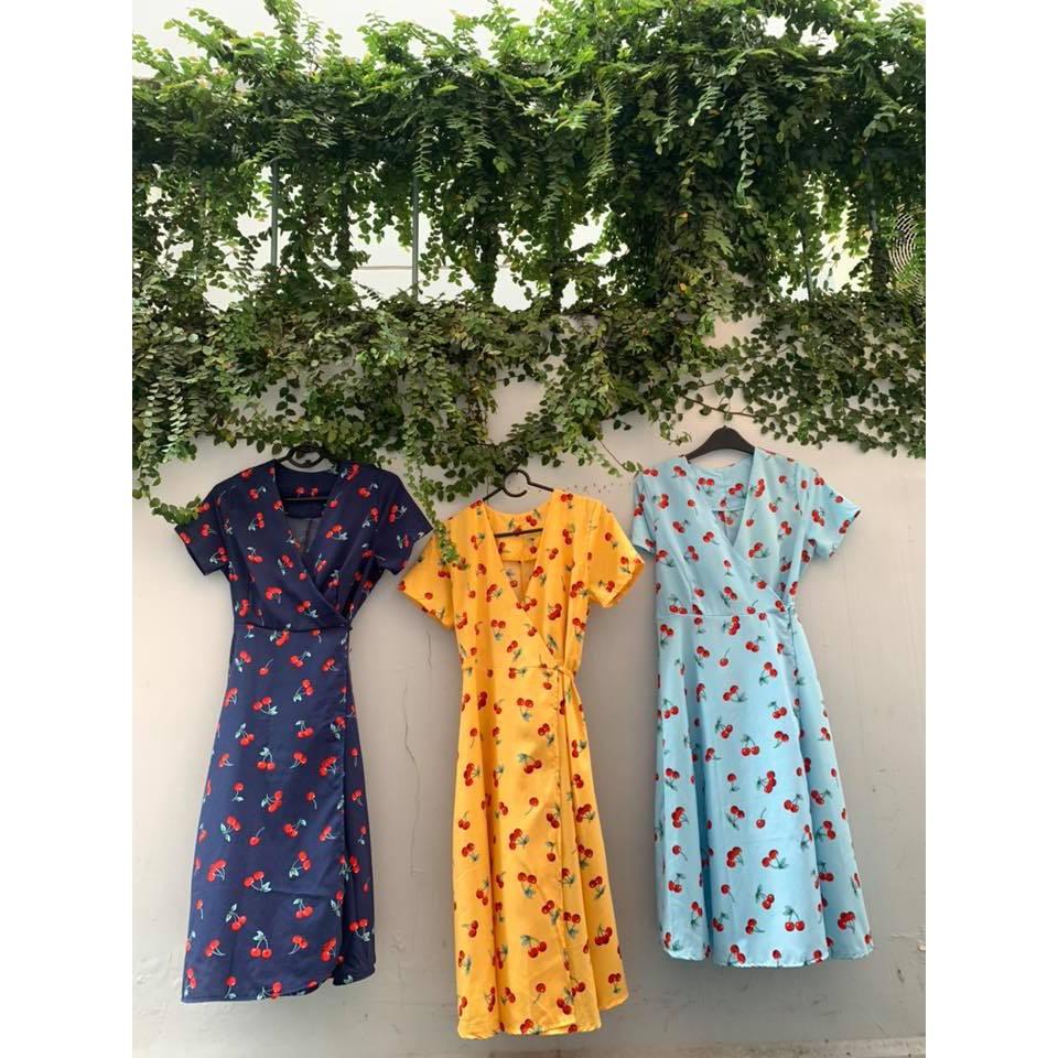 Đầm cổ chéo tà đắp họa tiết trái cây xanh và vàng CHERRY DRESS