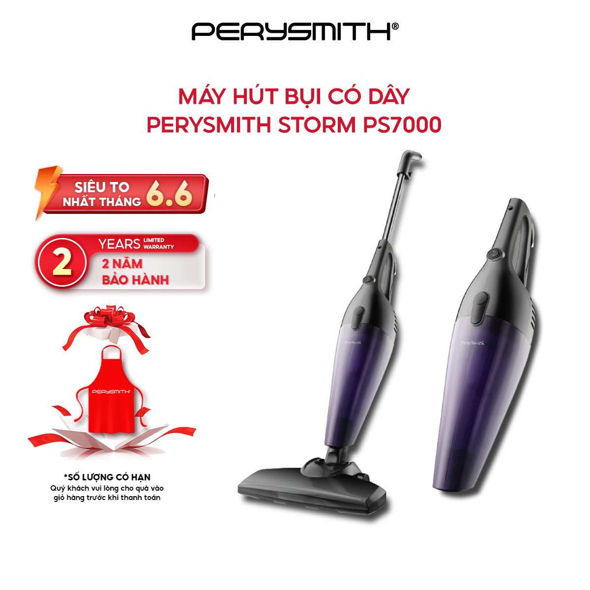 Máy hút bụi cầm tay PerySmith Storm PS7000 (700W) có dây lực hút 10000PA - Hàng chính hãng