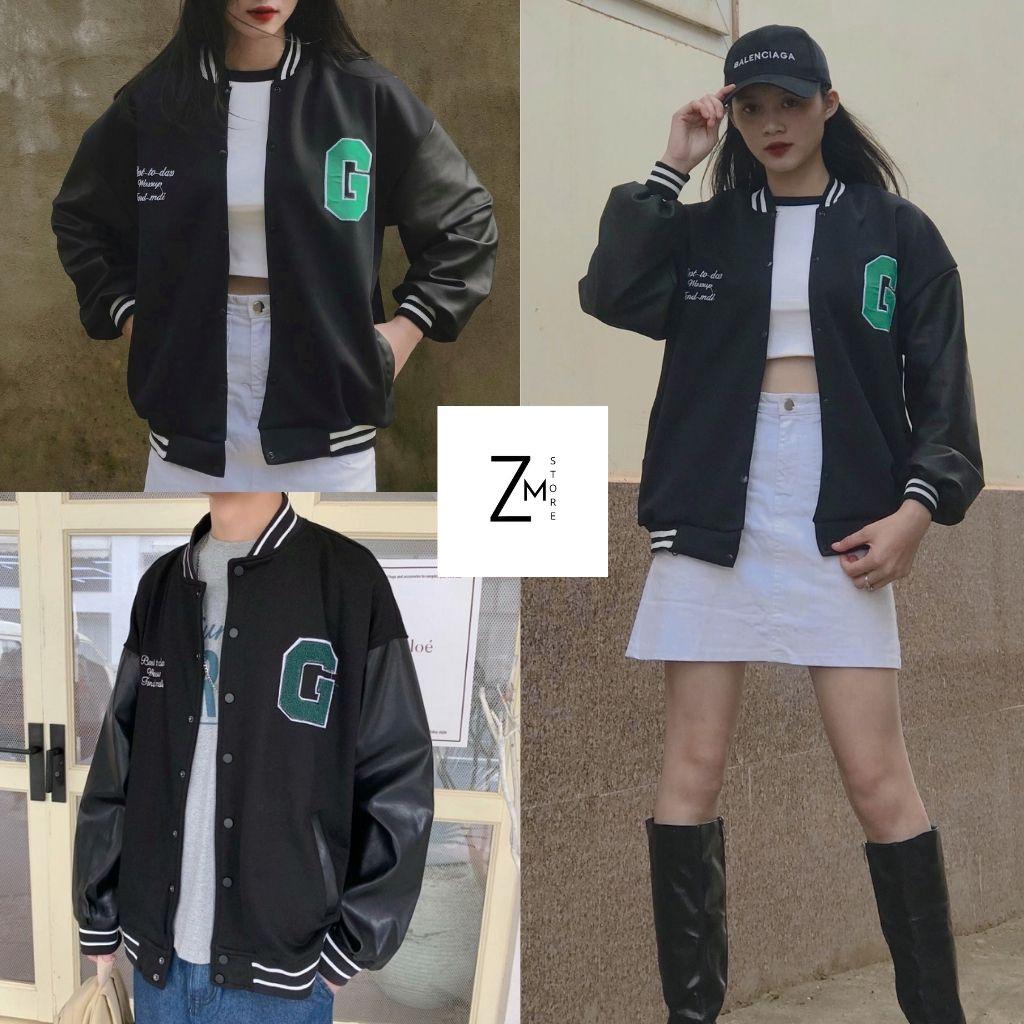 Áo Khoác Bomber Chữ G Xanh Phối Tay Da Unisex Phông Cách Trẻ Trung Năng Động Cá Tính ZMstore
