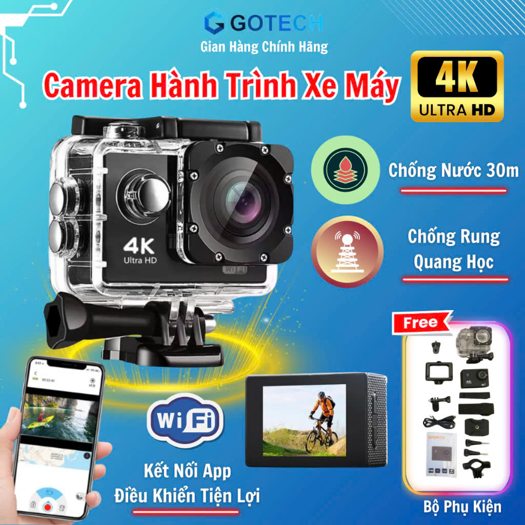Camera Hành Trình 4K Ultra WiFi Xe Máy - Xe Đạp - Ô Tô, Camera Ngoài Trời Gắn Mũ Bảo Hiểm Chống Nước Loại Tốt