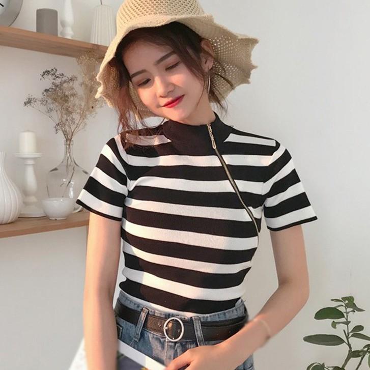Áo Thun Ngắn Tay Kẻ Sọc Thời Trang Hàn Quốc Cho Nữ