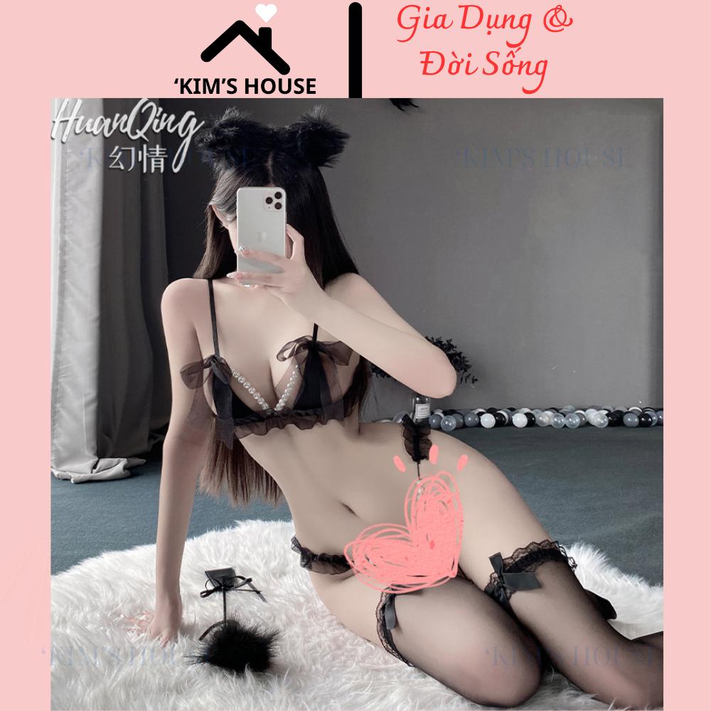 Bộ Đồ Lót Ren Sexy Có Đính Hạt Gợi Cảm Gồm Áo Bra Và Quần Lót ,Đồ Lót Ren Nơ Quyến Rũ C054