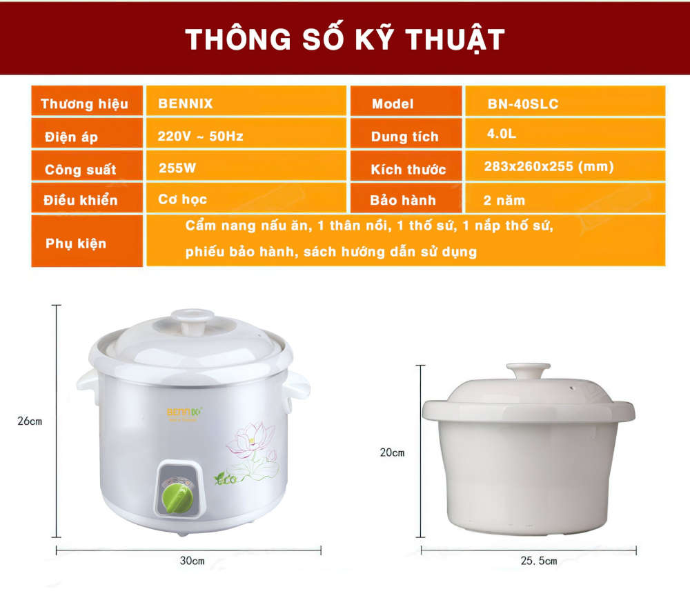 Nồi nấu chậm Bennix Thái Lan BN-20SLC dung tích 2 lít - Hàng chính hãng