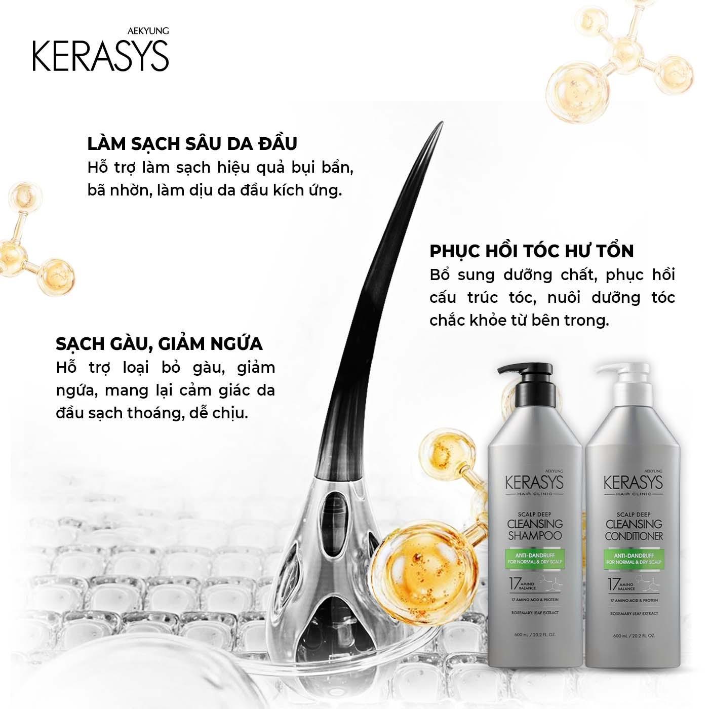 Dầu xả cao cấp Hàn Quốc Kerasys Hair Clinic Scalp Deep Cleansing (Sạch sâu da đầu, ngăn ngừa gàu dành cho da đầu thường &amp; khô) 600ml