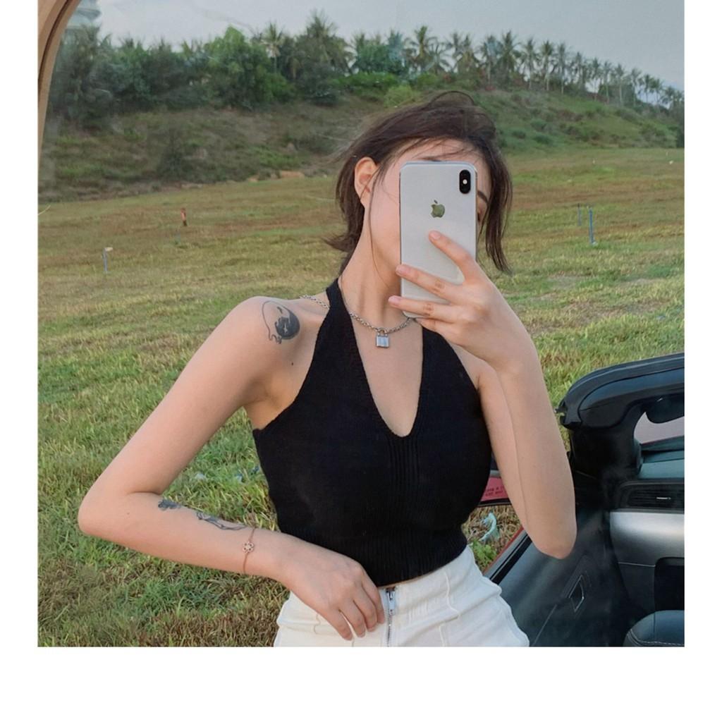 Áo croptop nữ kiểu 2 dây HACHIKI ôm body sang trọng chất len đẹp thời trang cao cấp mã AK09 - Đen
