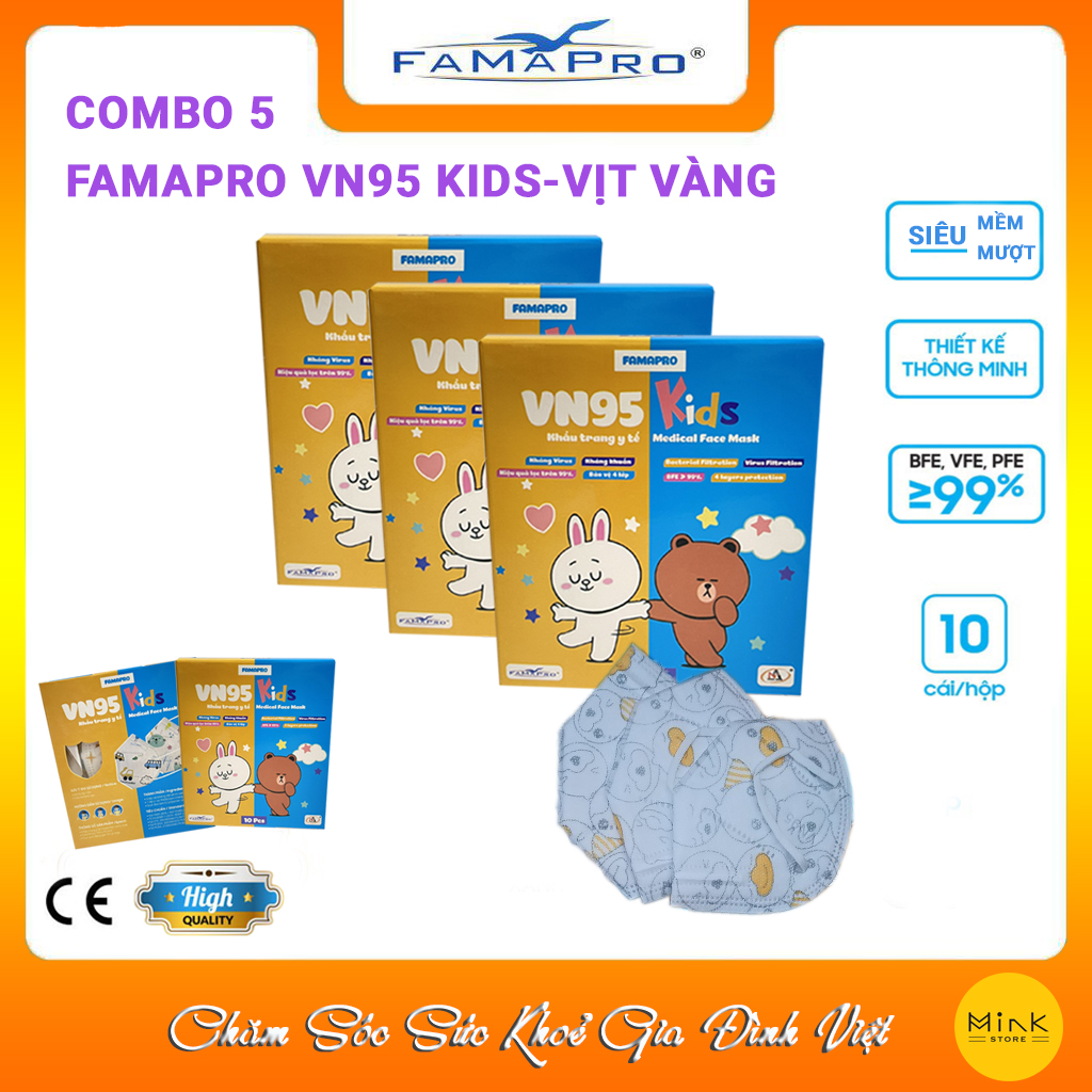 [COMBO 5 HỘP - FAMAPRO VN95 KIDS] - Khẩu trang y tế trẻ em Famapro VN95 KIDS (10 cái/ hộp)