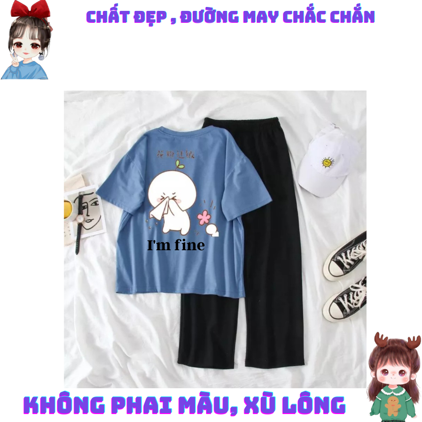 Sét Bộ Nữ SS23, Sét Đồ Nữ Đi Chơi Đẹp In Chữ Và Hình Tôi Vẫn Khỏe, Sét Áo Vải Cotton, Và Quần Kẻ Đen Cá Tính