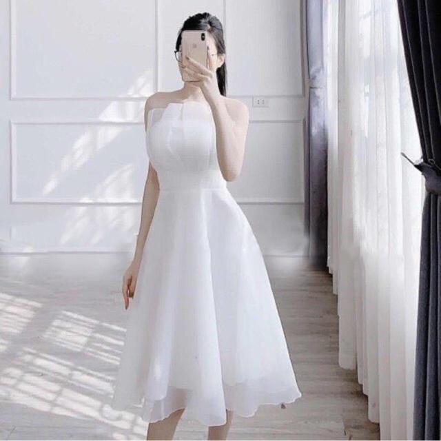 ĐẦM XOÈ CÚP NGỰC XẾP LY BO EO SIÊU XINH -MS42Y- SIZE ML đến 57kgMM MM - Trắng,M