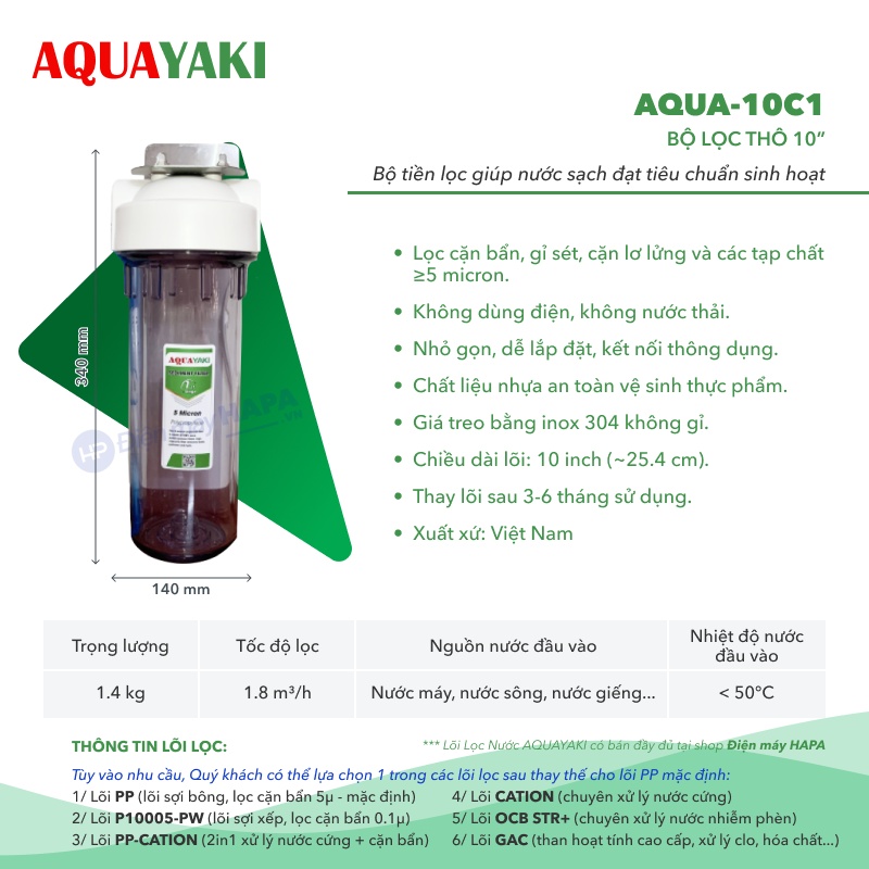 Bộ 1 Cốc 10 inch AQUAYAKI Cao Cấp Kèm Lõi, Cốc Lọc Thô, Tiền Lọc, Tiền Xử Lý Nước Nước, Nước Sạch Tiêu Chuẩn Nước Sinh Hoạt - Hàng Chính Hãng