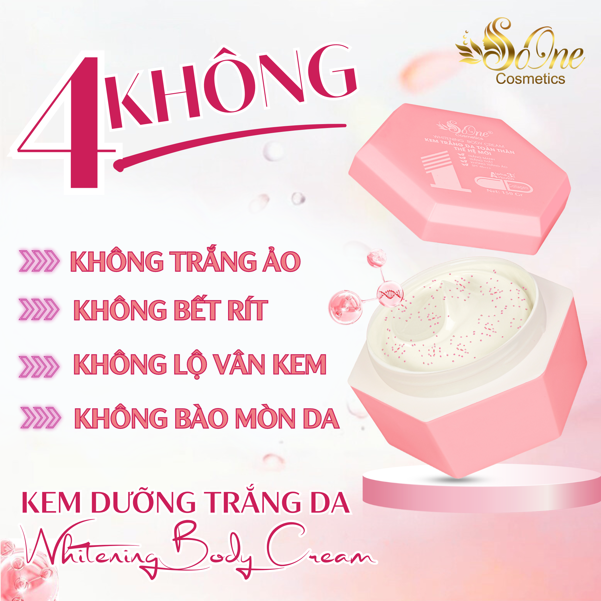 Kem Body SoOne Dưỡng Trắng Da Toàn Thân Thế Hệ Mới Hộp Màu Hồng - 150ml