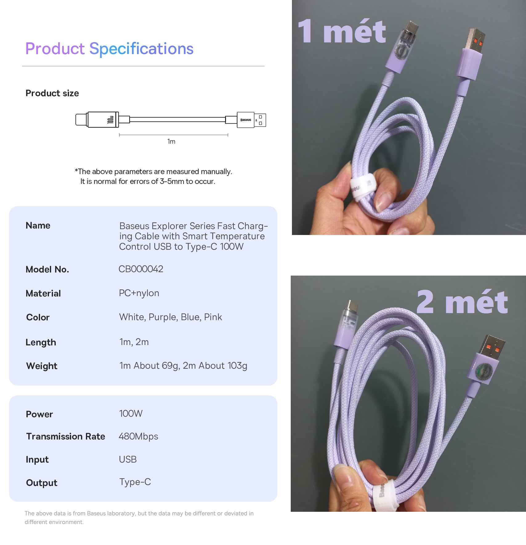 Dây sạc Usb to type C tự ngắt khi quá nhiệt sạc nhanh 100W 66W cho Honor Huawei Baseus Explorer CB000042 _ hàng chính hãng