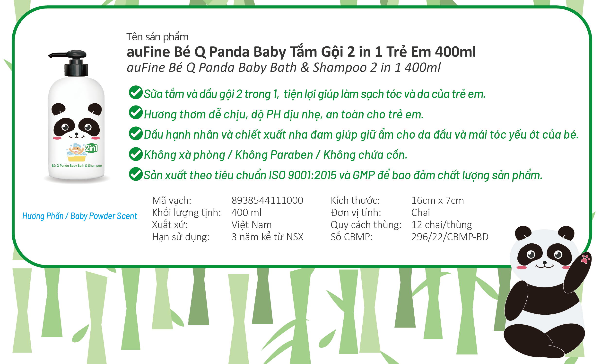 auFine Bé Q Panda Baby Tắm Gội 2 in 1 Trẻ Em 400ml