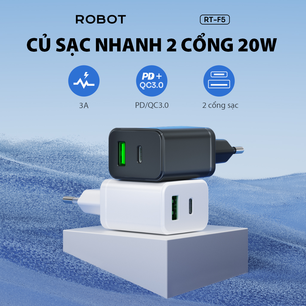 Củ Sạc Nhanh ROBOT RT-F5 2 cổng sạc USB Và Type C Công Suất 20W Sạc Nhanh PD/QC 3.0 HÀNG CHÍNH HÃNG