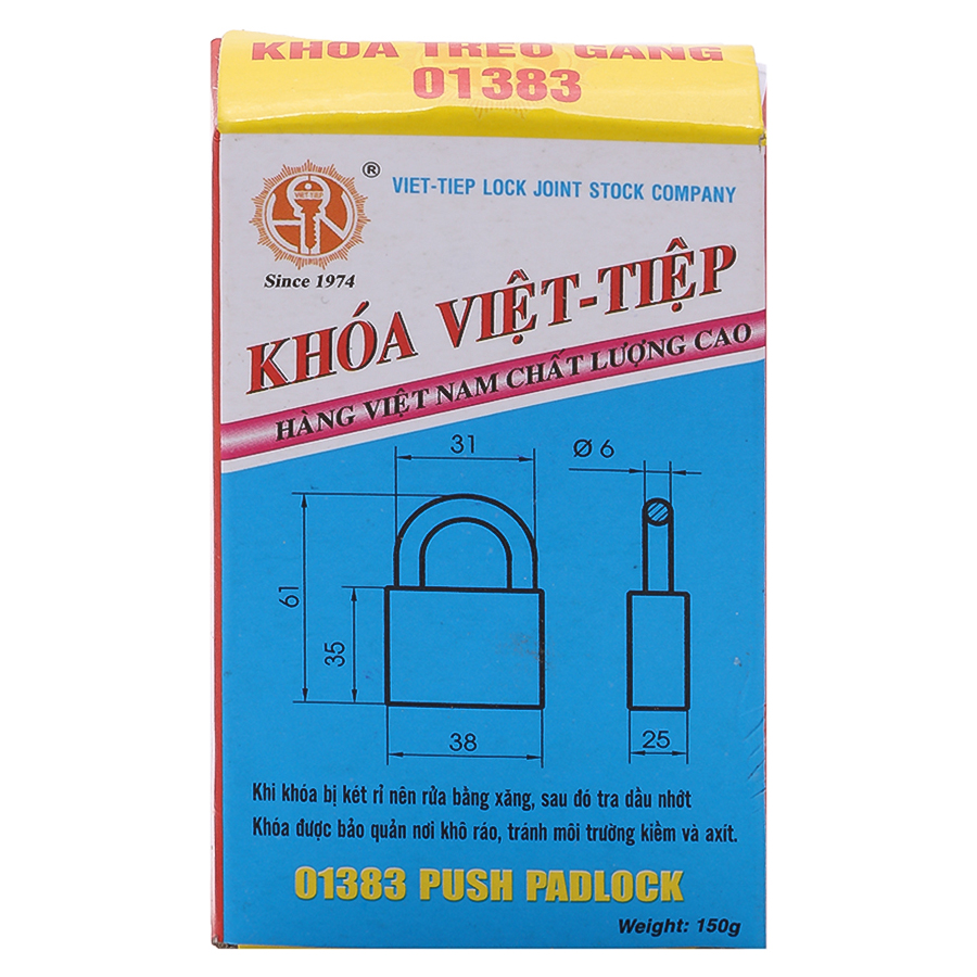 Ổ Khoá Việt Tiệp Hợp Kim Gang 61 x 38 Ống Phi 6 (Khoá Bấm)