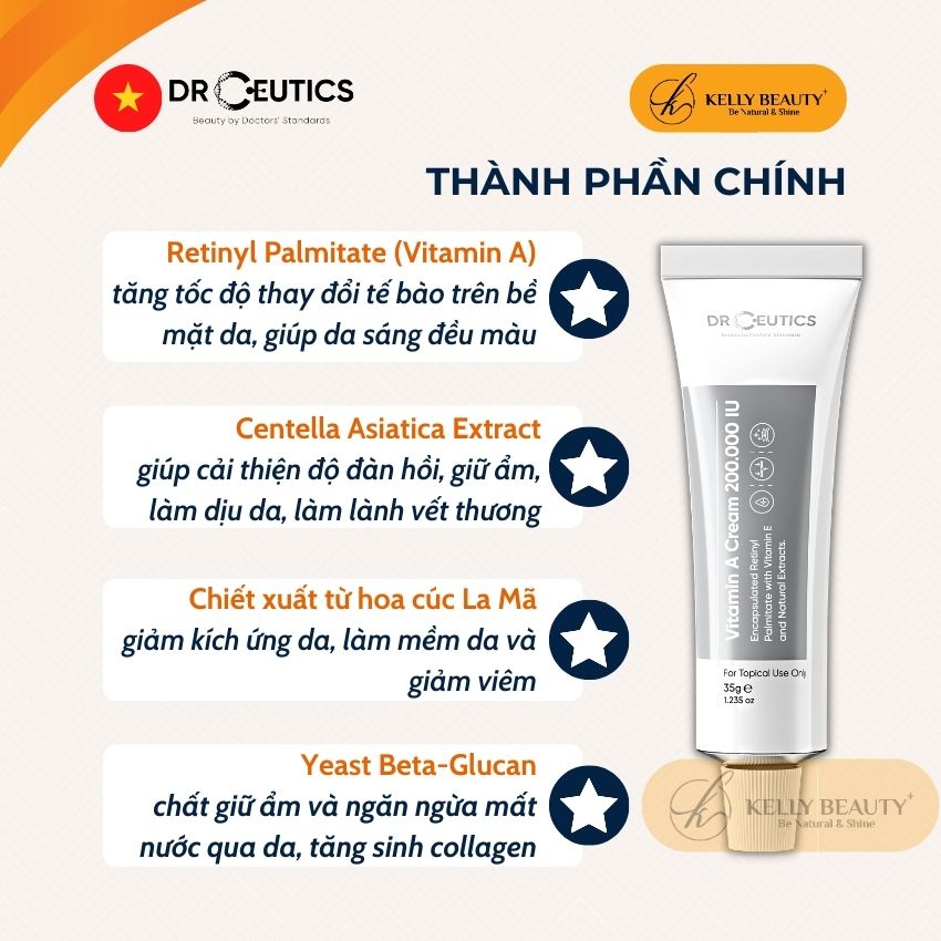 Kem Dưỡng Vitamin A Cream 200.000 IU DrCeutics - Mờ Nếp Nhăn, Căng Mịn; Sáng Da, Mờ Thâm Nám | Kelly Beauty