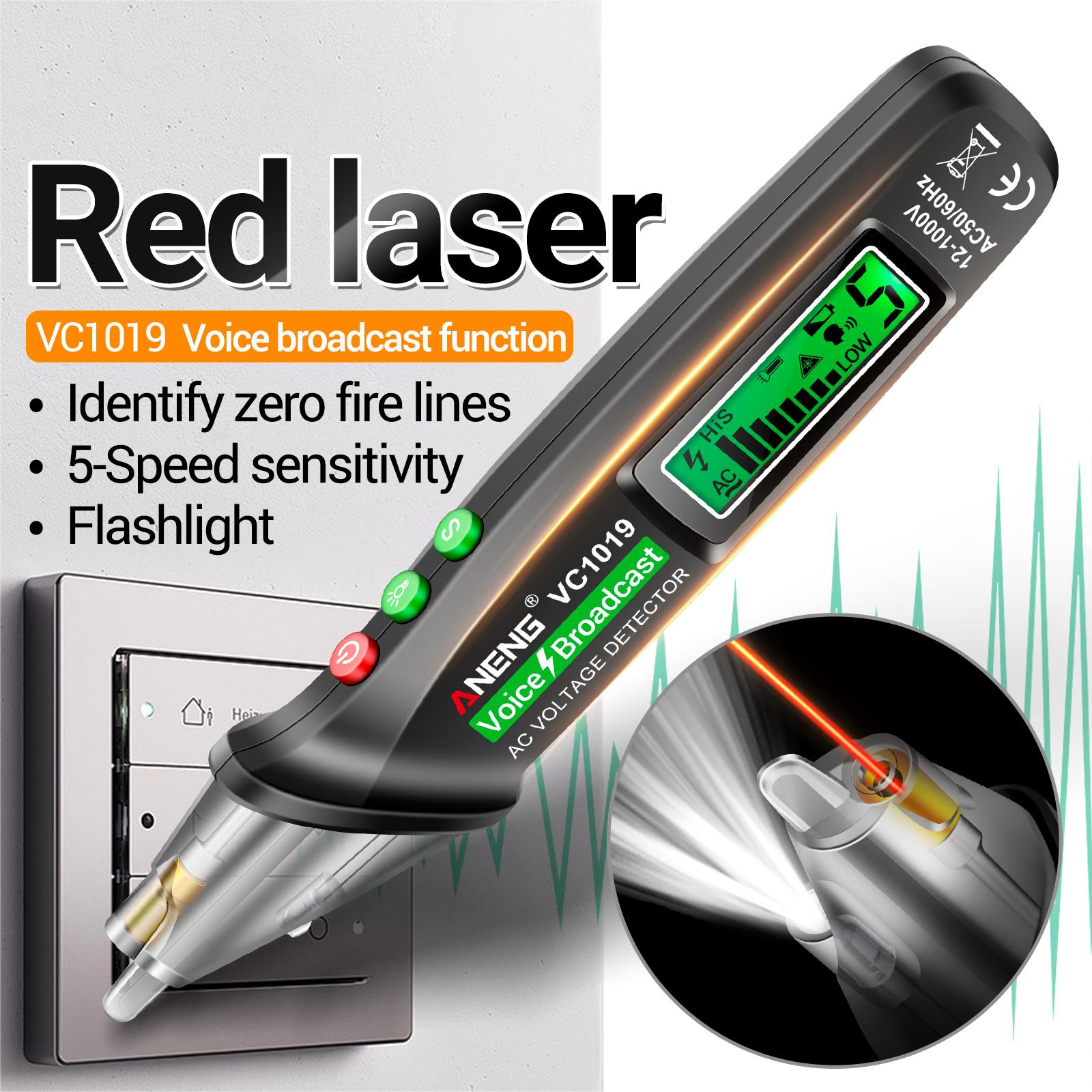 ANENG VC1019 LCD Digital Test Pen Non-contact Voice Broadcast Tester Pen Sensitivity Adjustable with Laser Indicator Sound/Light Alarm Flashlight
