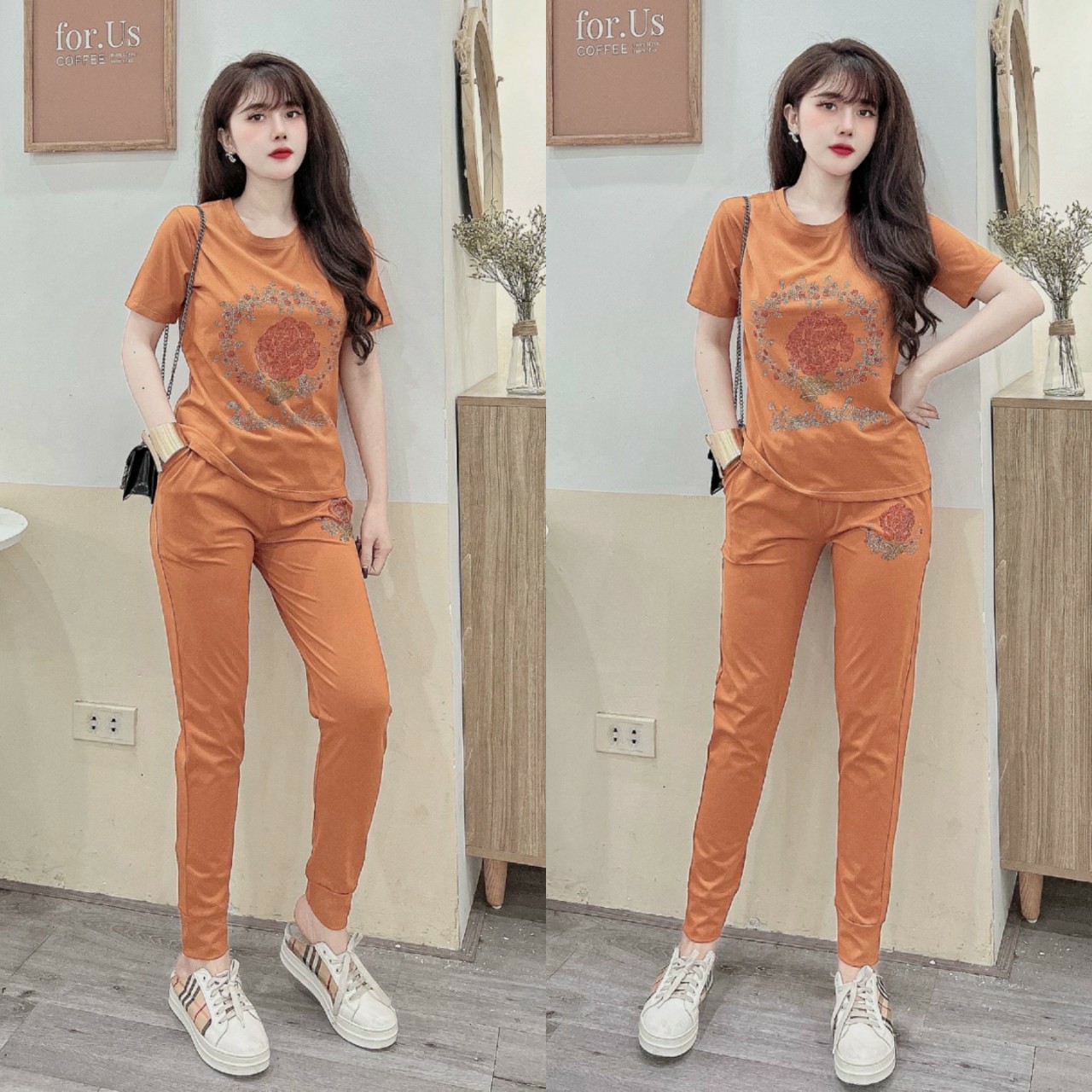 Đồ bộ thun cotton đính đá cườm hoa hồng sang trọng
