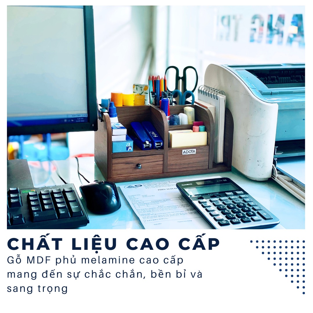 Combo kệ gỗ để bàn và hộp cắm bút ba ngăn bằng gỗ để bàn làm việc cao cấp phong cách sang trọng ADOTA