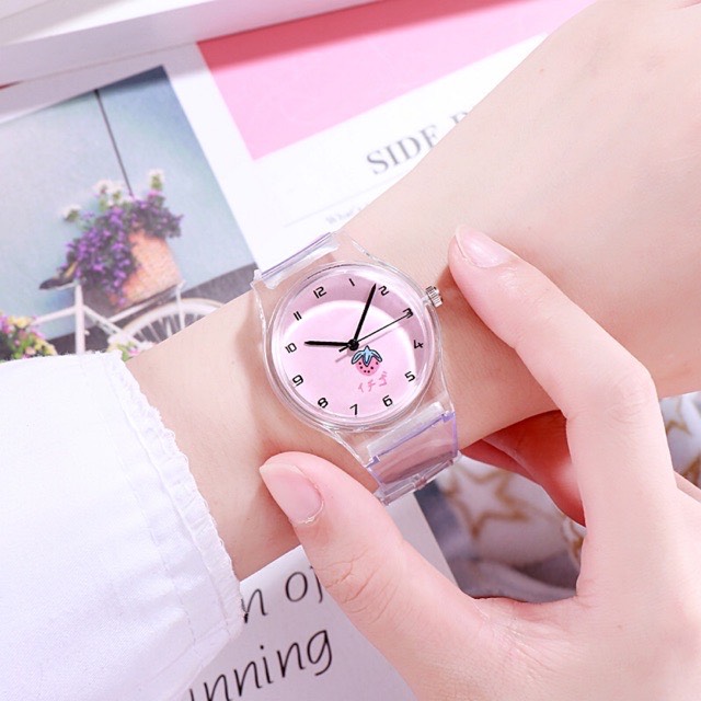 Đồng hồ nữ trái dâu Nhật Bản dây trong suốt 4 màu dễ thương