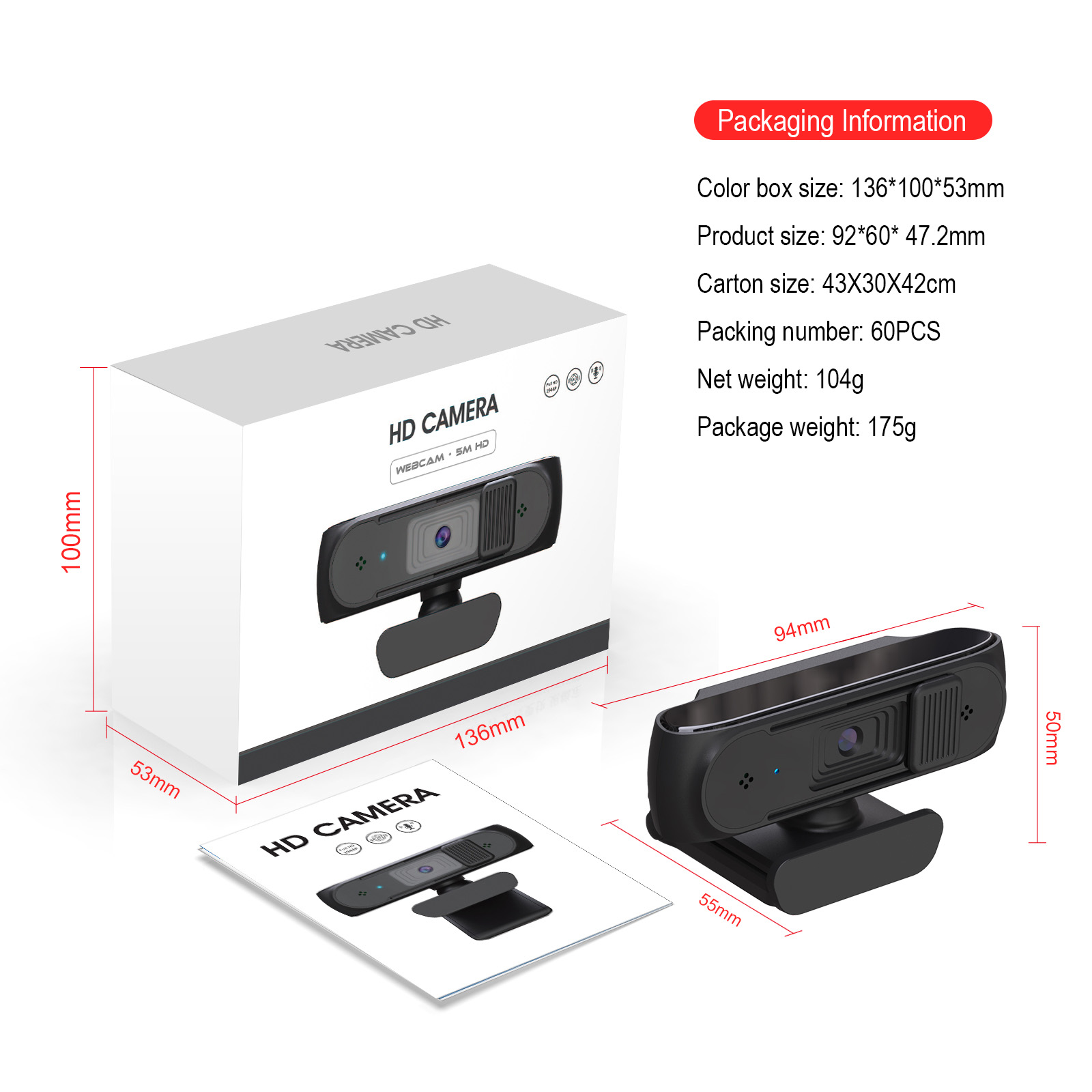 Webcam HXSJ S2 USB 2.5K FHD PC 5MP với hiệu chỉnh ánh sáng AF và Mic kép cho Video, dạy học