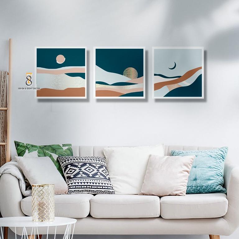 Bộ 03 Tranh Canvas | Sông.Trăng Abstract 3FSABS006 | Tranh Căng Khung Cao Cấp | Tặng Kèm Đinh Đa Năng