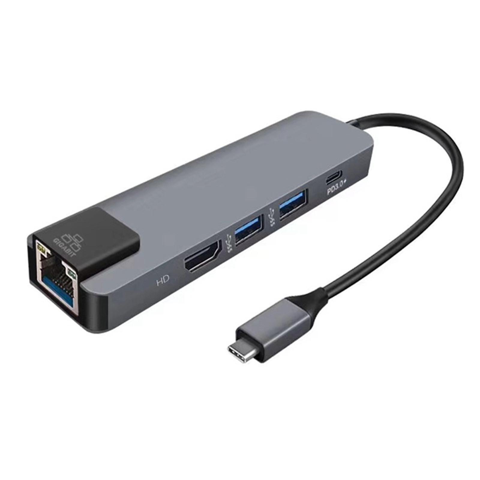 5-IN-1 USB C Hub Type-C Docking Station Multiport Adapter with 4K HD RJ45 Ethernet USB 3.0 PD Charging Port Compatible with MacBook MateBook ChromeBook