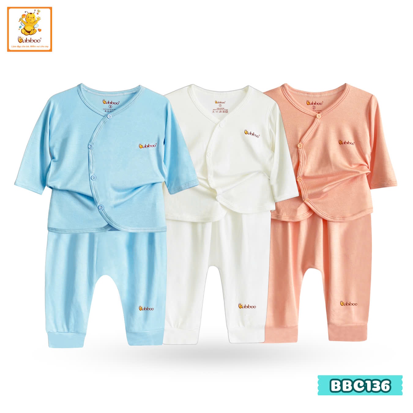 Quần áo sơ sinh Babiboo bộ sơ sinh tay dài cổ tim  vải viscose siêu mềm, mịn mát BBC136