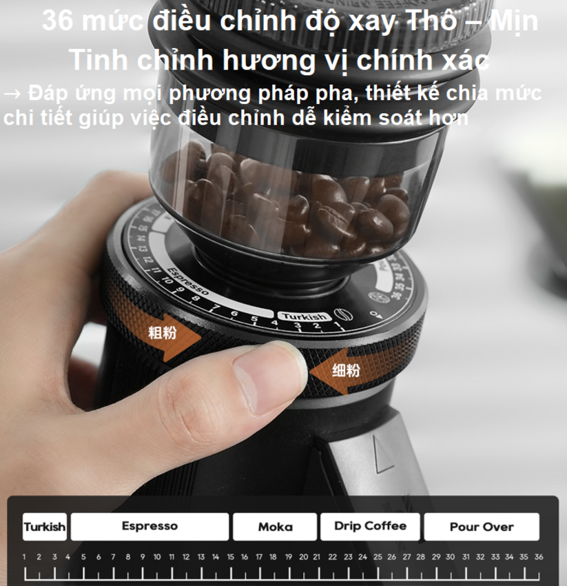 Máy xay hạt cà phê chuyên nghiệp Single Dose, tích hợp 36 chế độ xay. Thương hiệu Mỹ cao cấp HiBREW - G5 Plus. HÀNG CHÍNH HÃNG