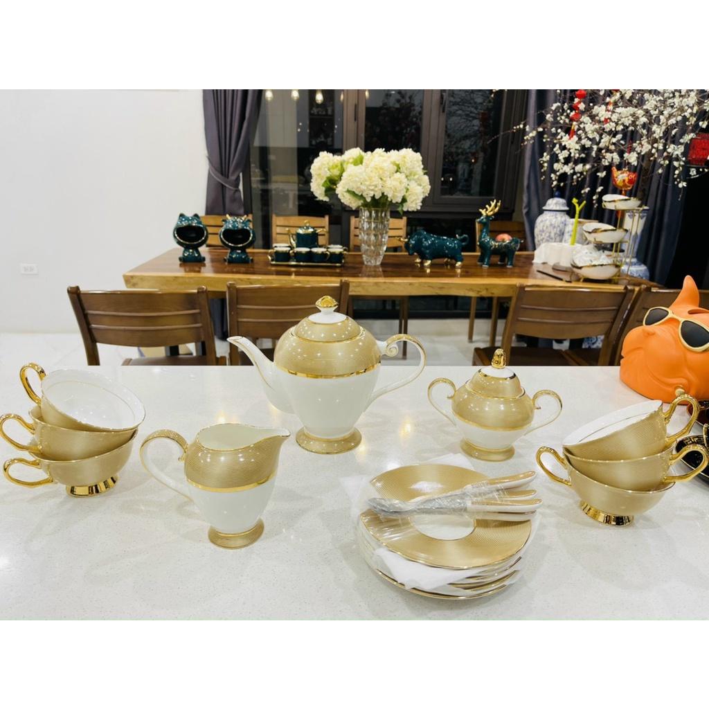 Ấm Chén Sứ Xương mạ vàng Kèm Bình đường Rót sữa Cao Cấp.