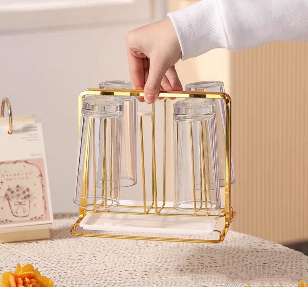 KHAY ÚP LY CỐC KIM LOẠI CHỮ NHẬT KÈM KHAY HỨNG NƯỚC - MÀU VÀNG