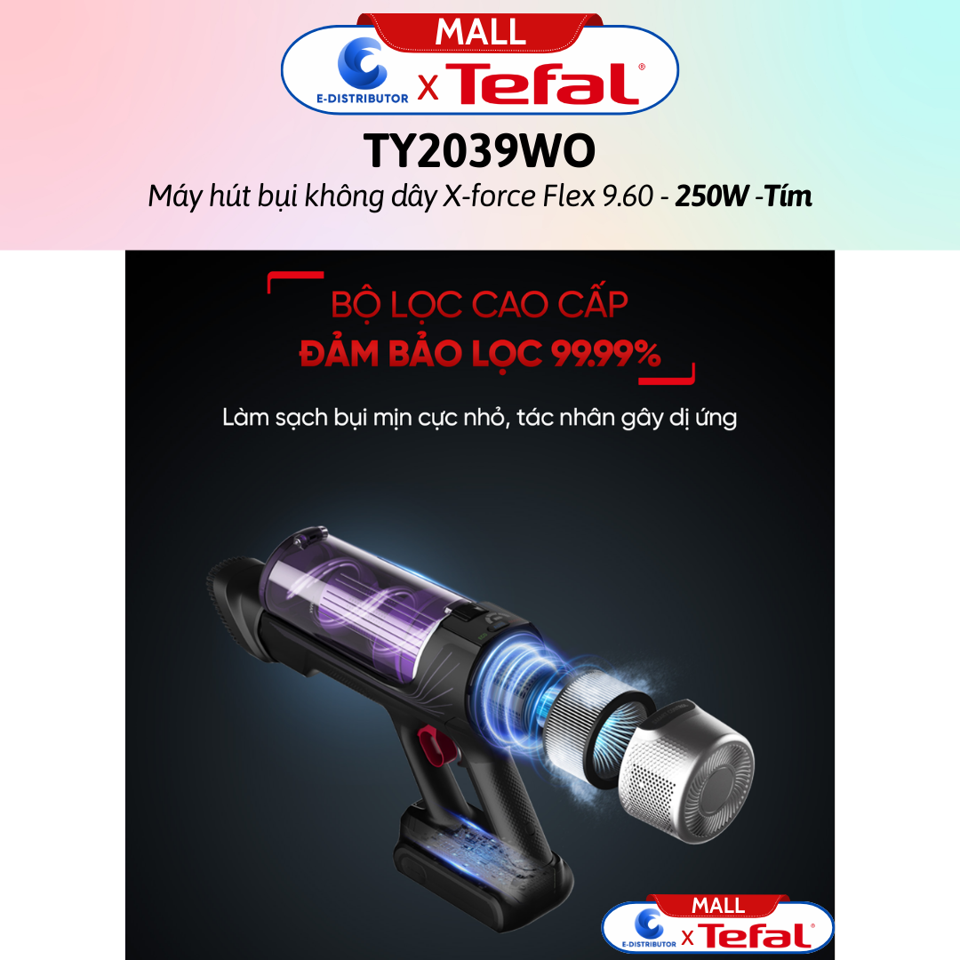 Máy hút bụi không dây X-force Flex 9.60 TY2039WO - Tím - Hàng Chính Hãng - - Công suất: 250W - Đầu hút: 100AW - Thời lượng pin: 45 phút