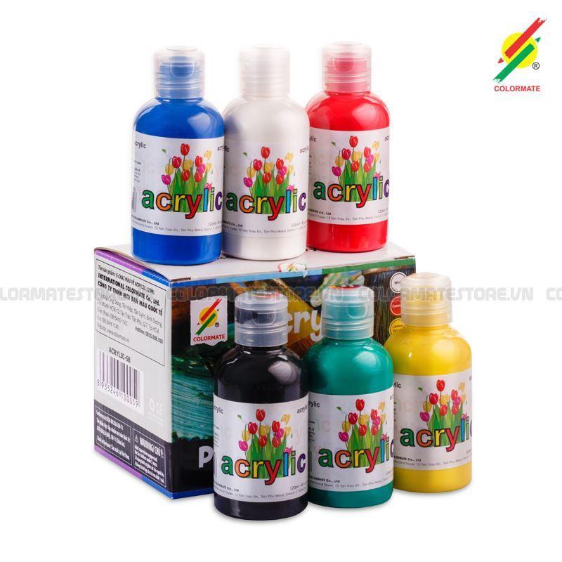 Màu vẽ Acrylic Colormate, màu acrylic hộp 6 màu chai 120ml - COLORMATE