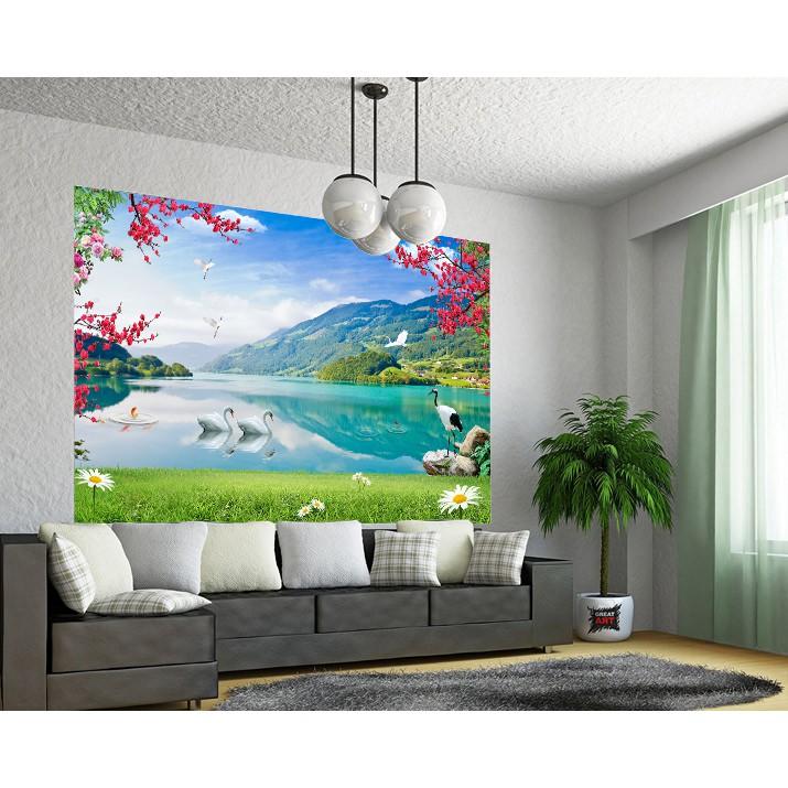 Tranh dán tường 3d hiện đại tranh sơn thủy, phong cảnh thiên nhiên uyên ương và hồng hạc MS1380925745
