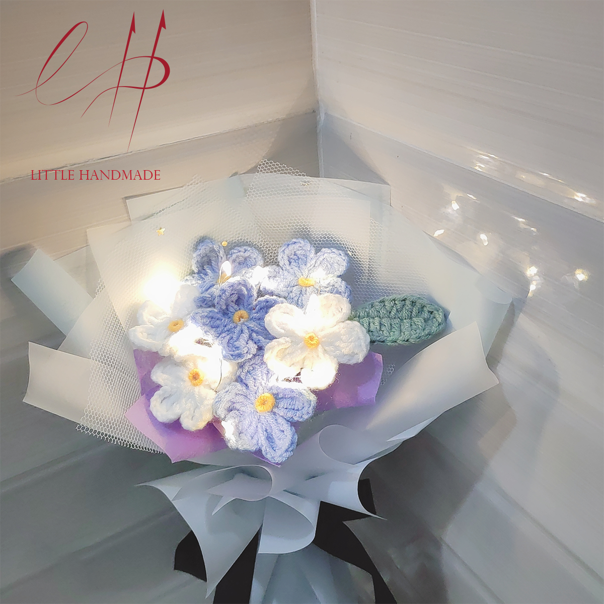 [Ảnh thật - Thêm đèn trang trí + túi đựng hoa] Bó hoa lưu ly 7 bông bằng len handmade