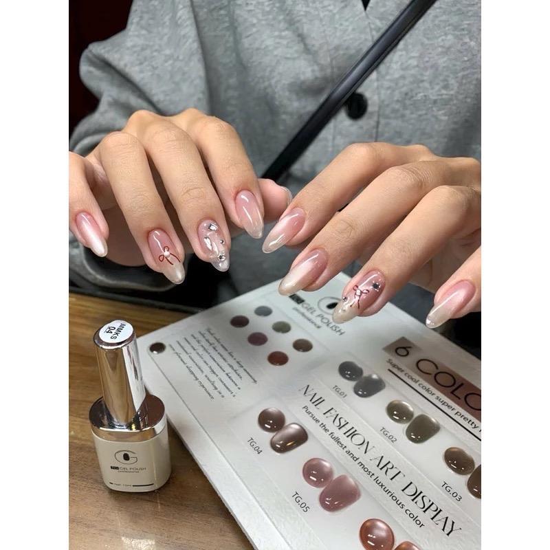 Set Sơn Mắt Mèo Ánh Trăng Kim Sa 6 Màu TG PRO Siêu Sáng Tặng Kèm Bảng Màu Cao Cấp Chuyên Dùng tráng gương Làm Nail Nữ Women