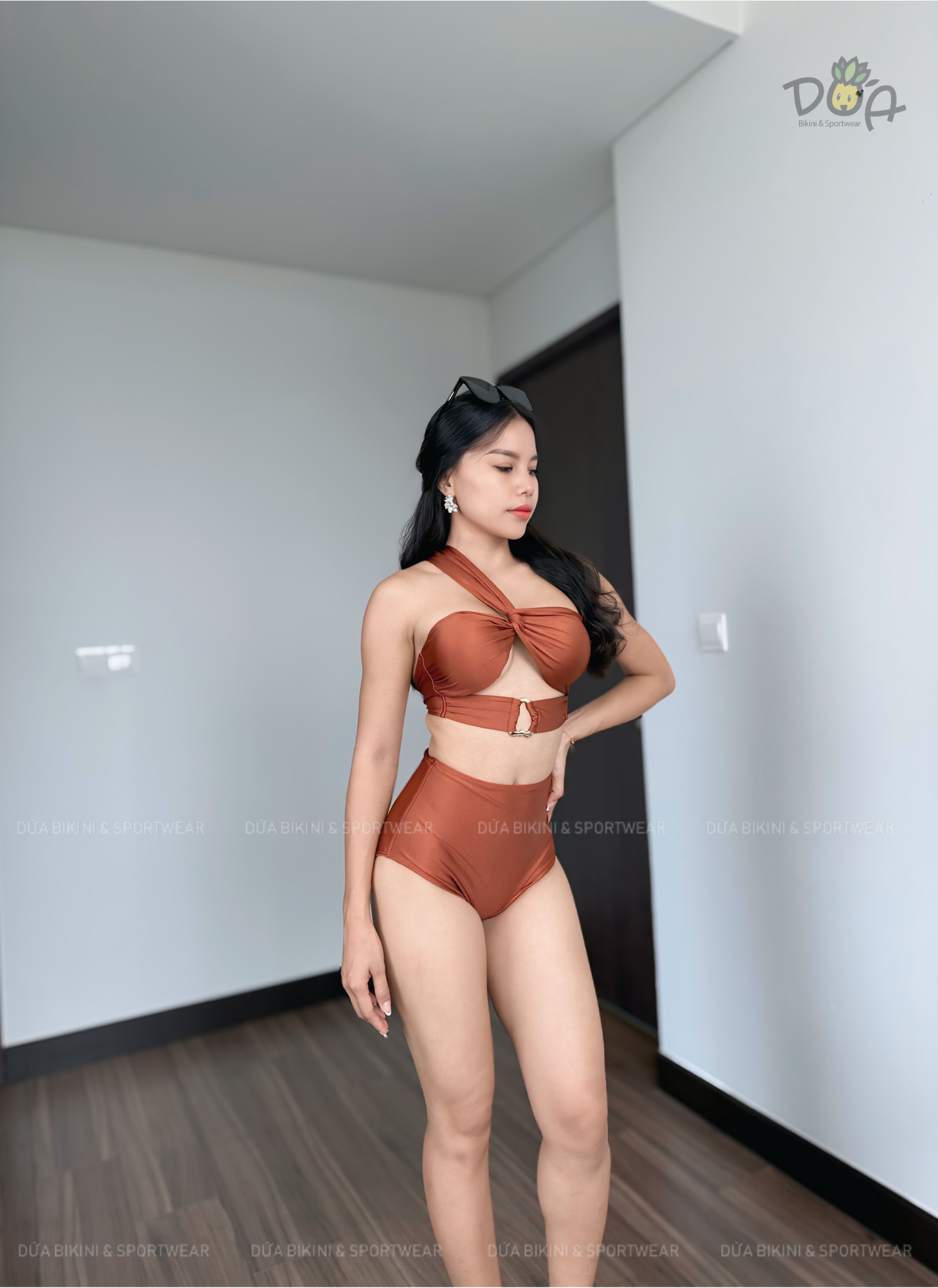 Chic Bikini Set | Đồ bơi nữ hai mảnh quần cạp cao che bụng phối áo khoen lệch vai sang trọng | DỨA BIKINI &amp; SPORTWEAR