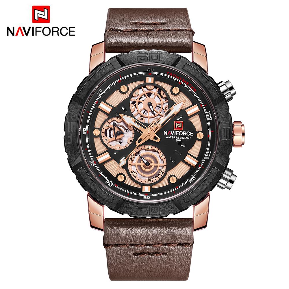 Đồng hồ thạch anh NAVIFORCE NF9139 dây da sáng,kim đồng hồ kỹ thuật số hiển thị giờ không thấm nước - Vàng hồng
