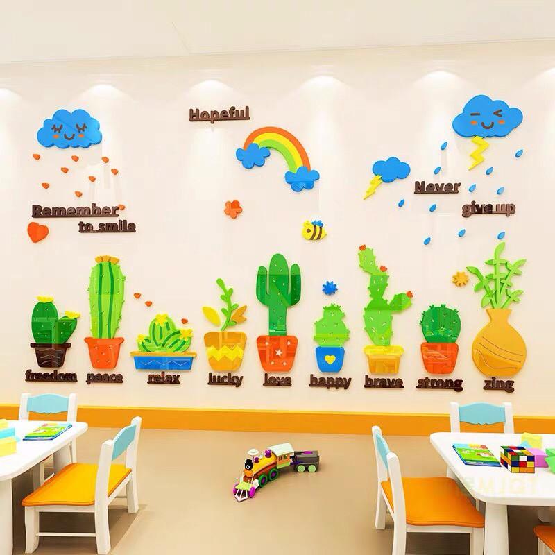 Tranh dán tường mica 3D chậu cây xương rồng trang trí chân tường, decal mica làm nổi bật phòng khách, cửa hàng, lớp học