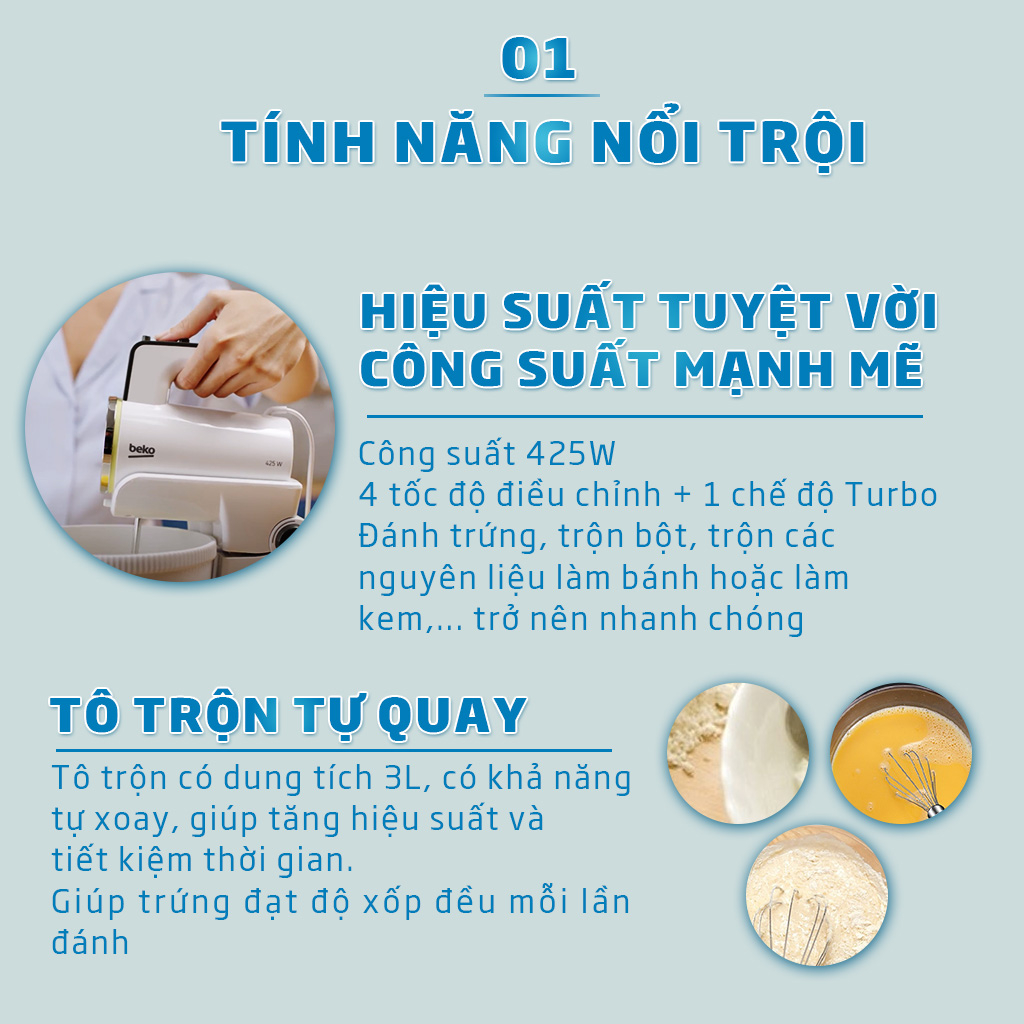 Máy Đánh Trứng Để Bàn BEKO 425W Với 4 Chế Độ Và Chế Độ Turbo - Tặng Kem Que Và Thanh Trộn Trộn Siêu Tốc - HMM7422W - Hàng Chính Hãng