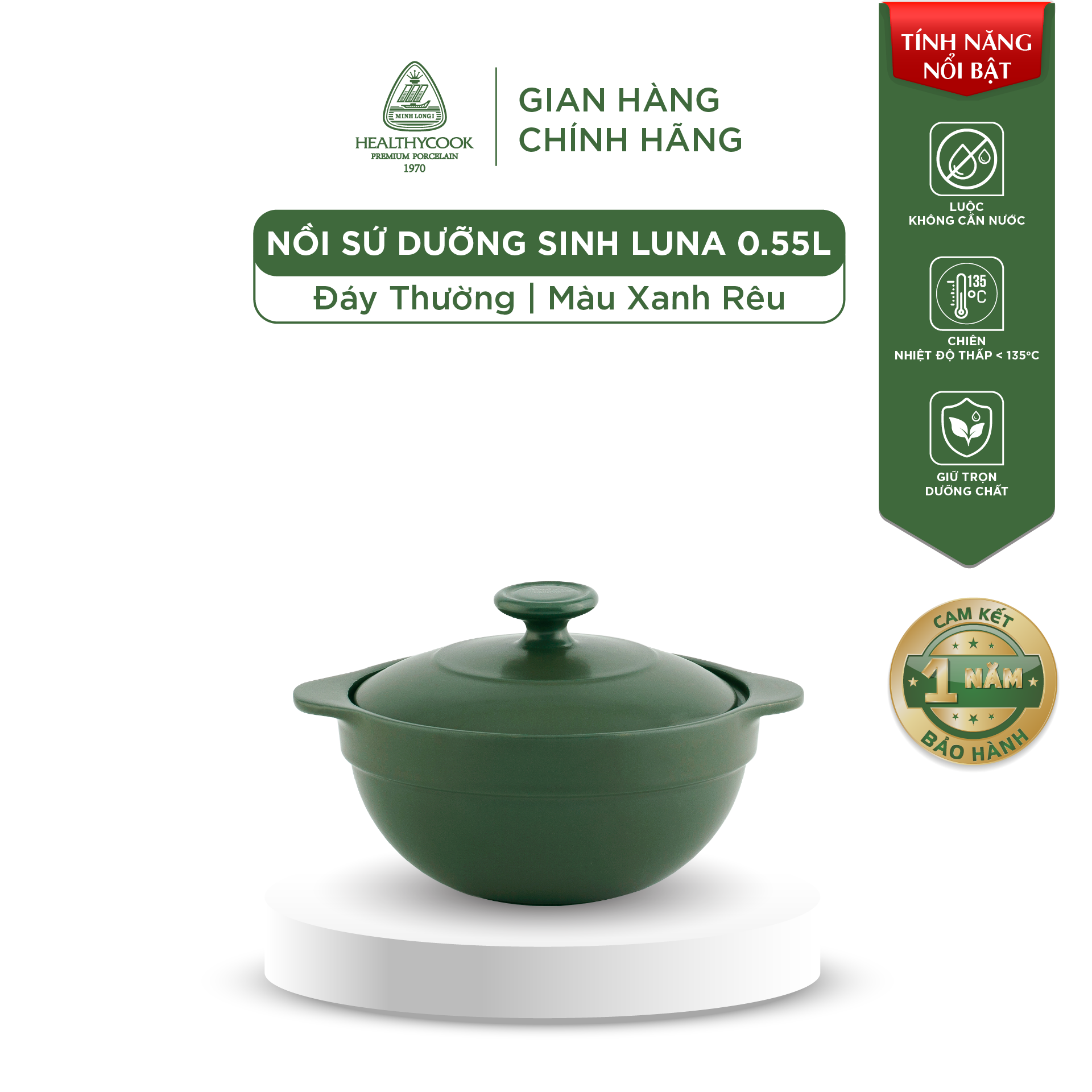 Nồi Sứ Dưỡng Sinh Minh Long Healthy Cook Luna 0.55 L - Dùng Cho Bếp Gas, Bếp Hồng Ngoại