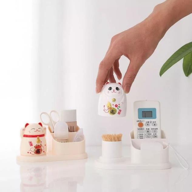 Hộp đựng tăm mèo thần tài kèm giá cắm tiện ích