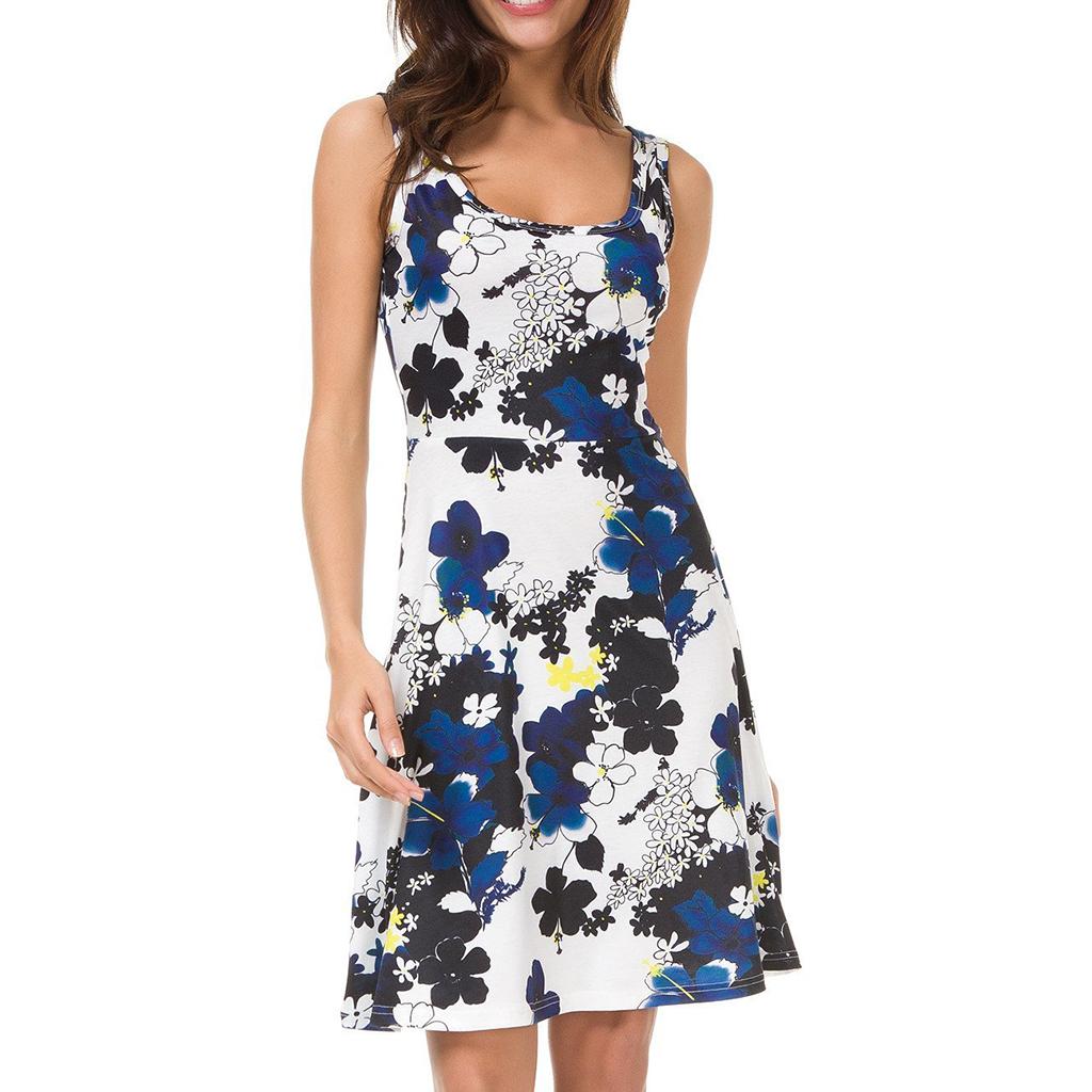 Women Floral Dress Summer Sleeveless Round Neck Casual Flared Midi Dress