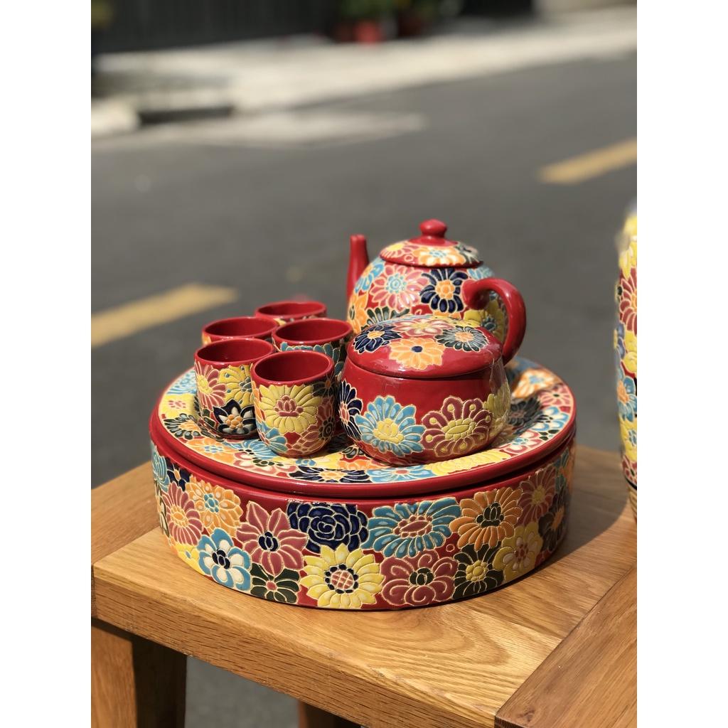 BỘ TRÀ GỐM SỨ THỦ CÔNG HỌA TIẾT BÁCH HOA CÓ VÀ KHÔNG ĐẾ