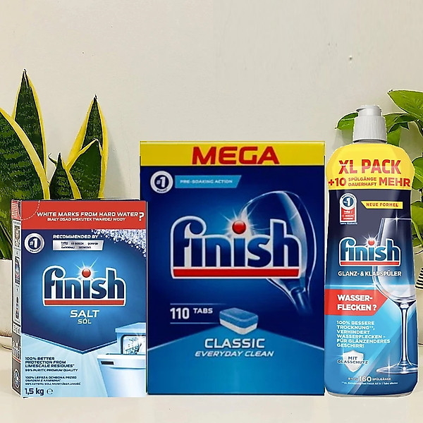 Combo Viên rửa bát Finish classic 110 viên + Muối Finish 1.2kg + Nước làm bóng finish 1150ml