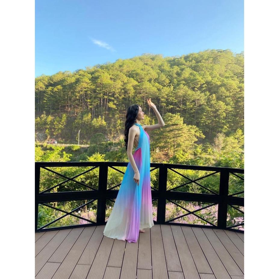 Đầm váy maxi loang màu xanh voan dập ly cổ yếm cột nơ hở lưng Ivy fashion đi biển dự tiệc dạo phố bigsize gợi cảm