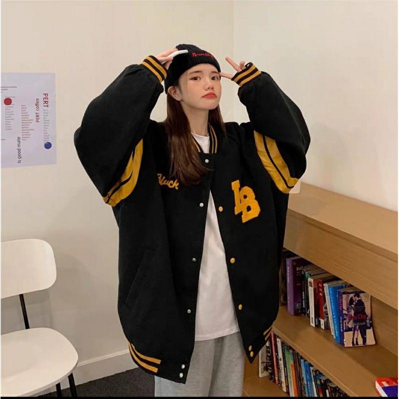 Áo khoác Bomber Nỉ Black LB Ulzzang Nam Nữ Unisex Form Rộng