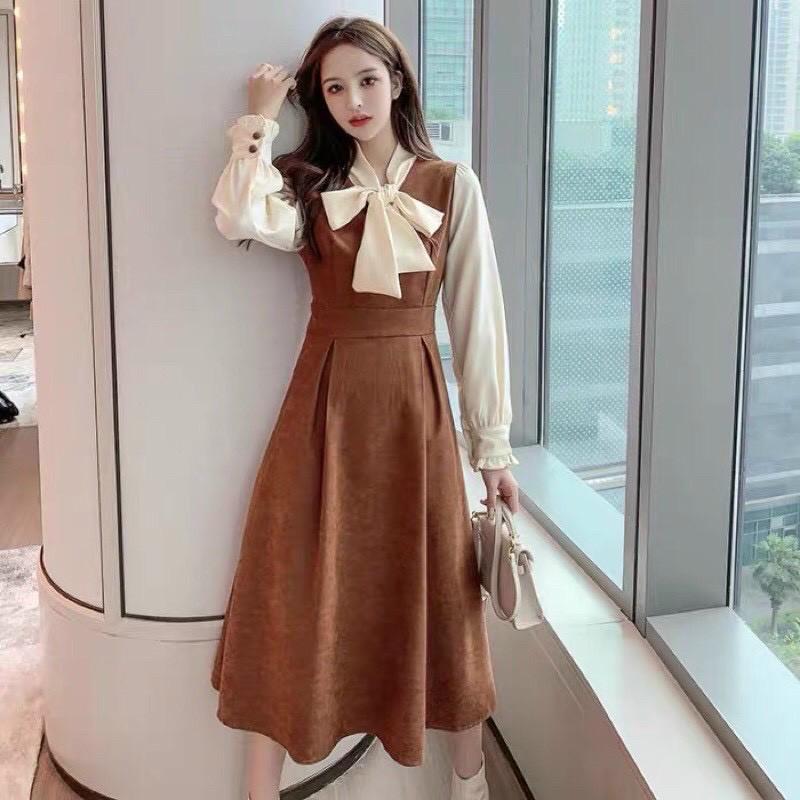 Váy dáng xòe chất umi Đầm dáng dài phối nơ cổ tay dài hàng thiết kế VNXK