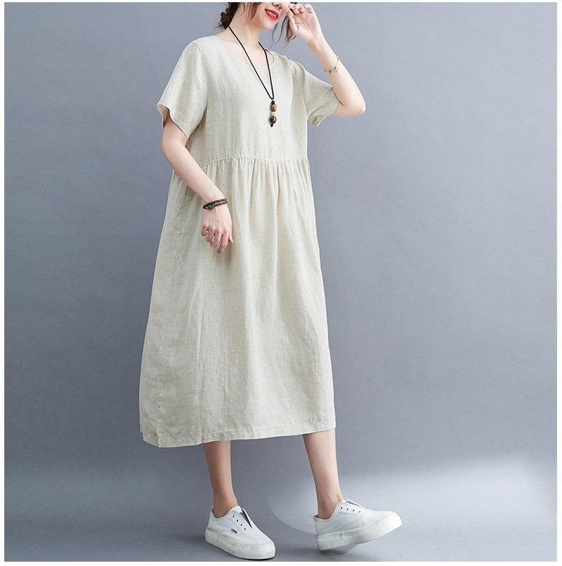 Đầm suông đũi cổ tròn form rộng trẻ trung, chất vải đũi mềm mát, thời trang phong cách Nhật Bản Da81