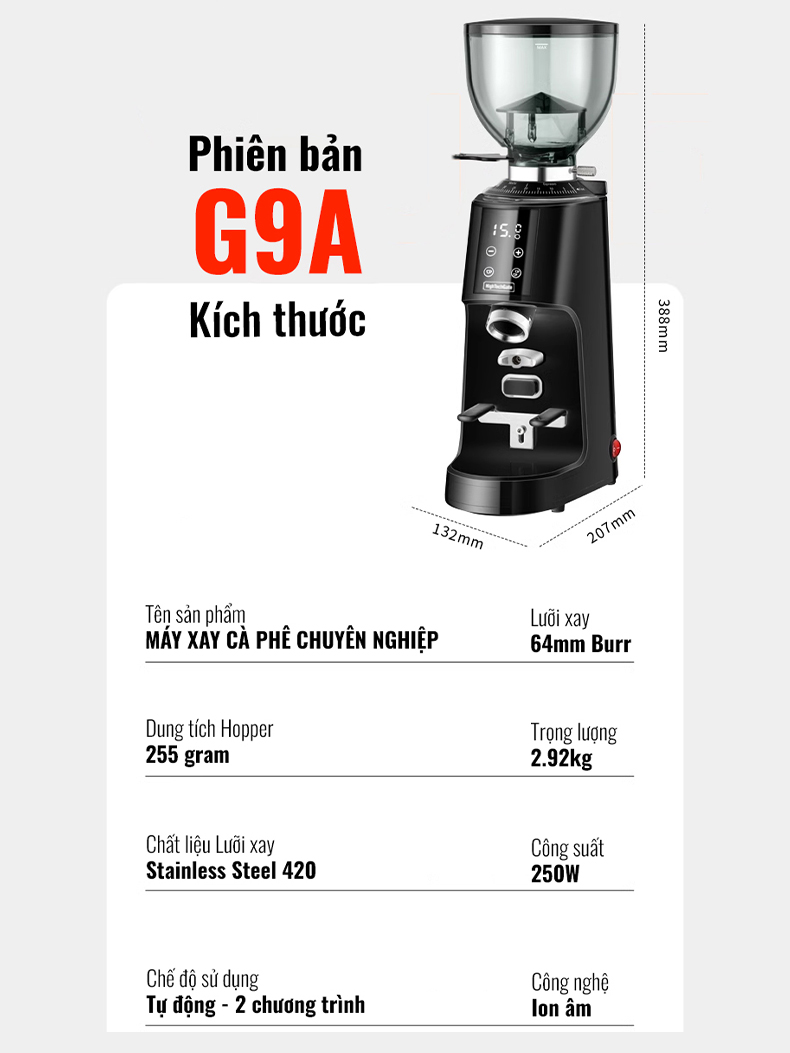 Máy Xay Cà Phê G9A Tự Động 2 Lập Trình, 100 Cấp Xay Cực Mịn, Thương Mại Chuyên Nghiệp, Bản Nâng Cấp, hàng chính hãng