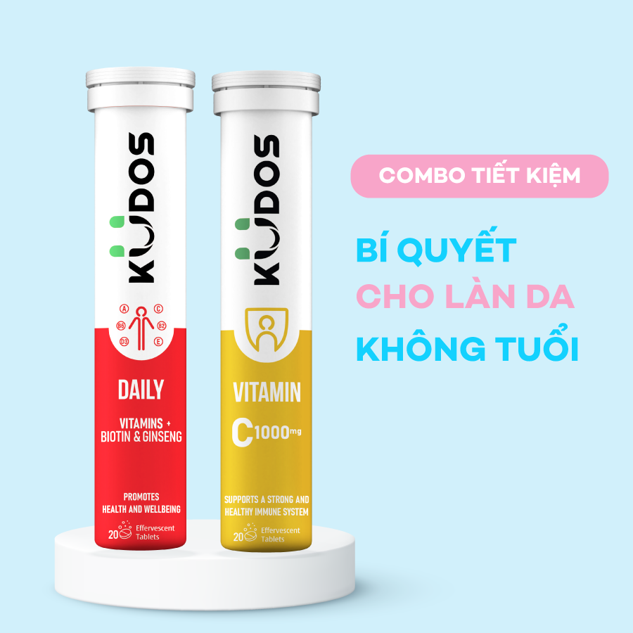 Combo Viên sủi KUDOS DAILY VITAMINS PLUS BIOTIN & GINSENG + Viên sủi KUDOS VITAMIN C 1000MG (20 viên/ Tuýp)